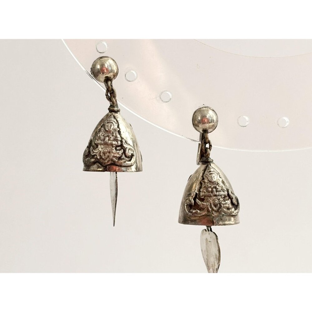 Siam Sterling Silver Vintage Screw Back Bells Hearts Charm Earrings - Picture 3 of 10